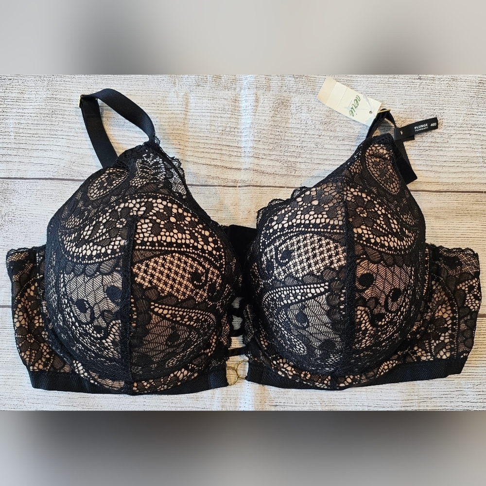 Aerie Size 40D Black Plunge Padded Push Up Bra Floral Lace Overlay Underwire NWT